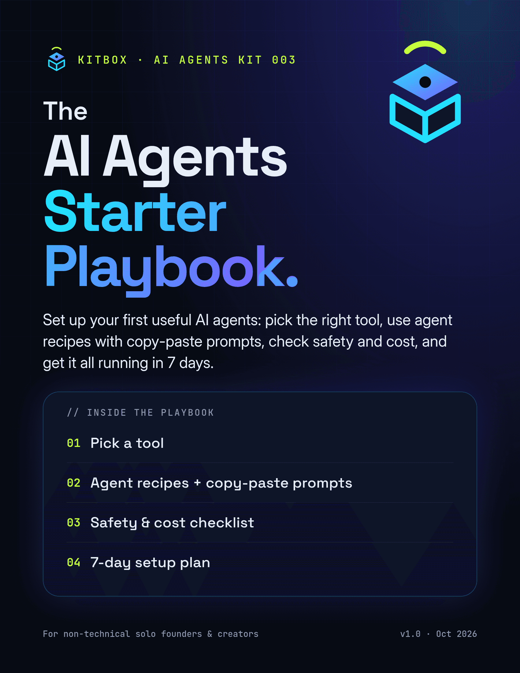 Cover of The AI Agents Starter Playbook, Kitbox 003: dark navy cover with the Kitbox signal-box mark and the title in white and a cyan-violet gradient.
